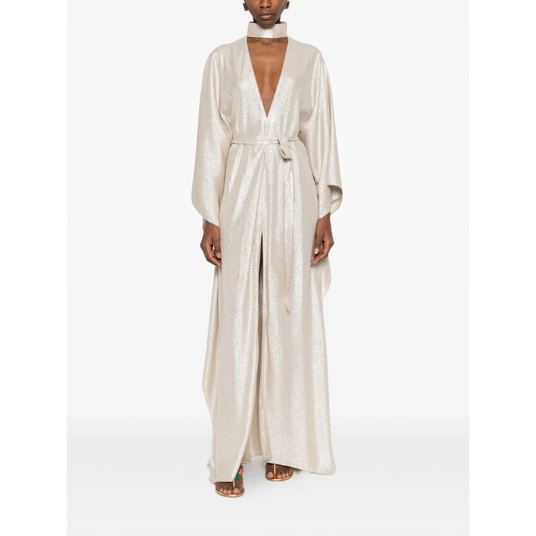 beige v-neck dress with tie waist by Selfnex