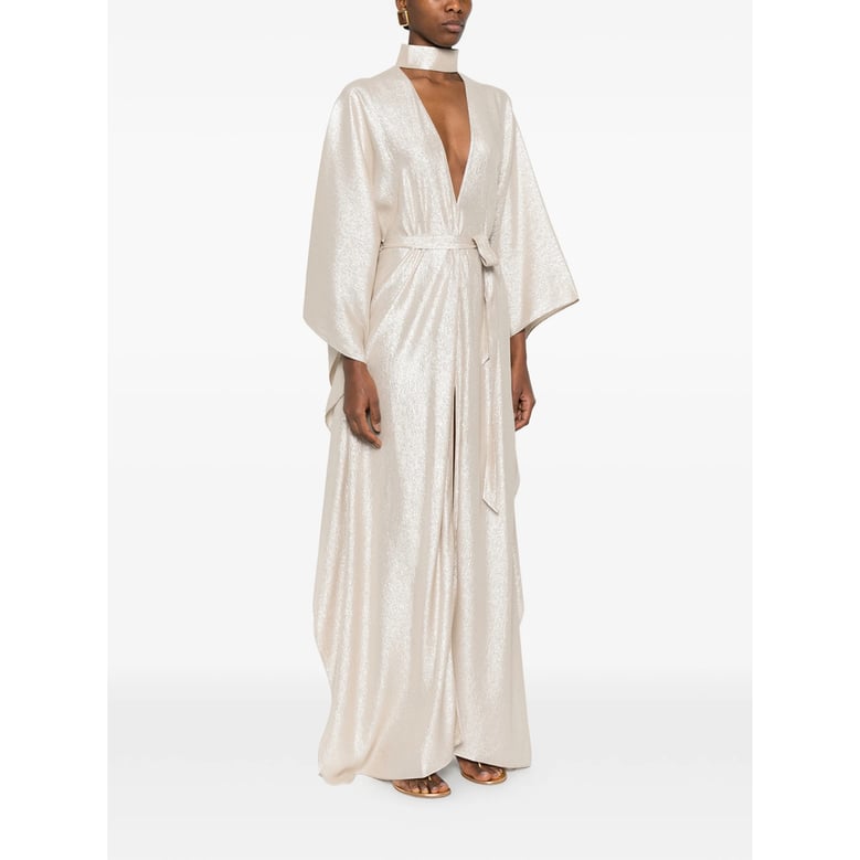 beige v-neck dress with tie waist by Selfnex