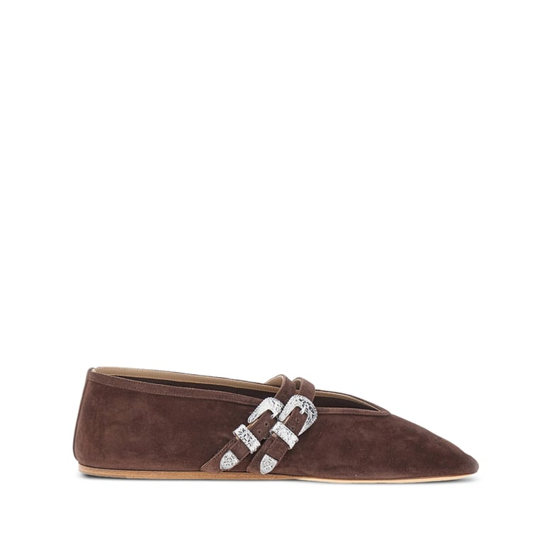 brown suede double buckle shoes by Selfnex