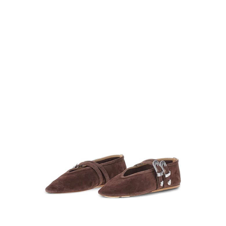 brown suede double buckle shoes by Selfnex