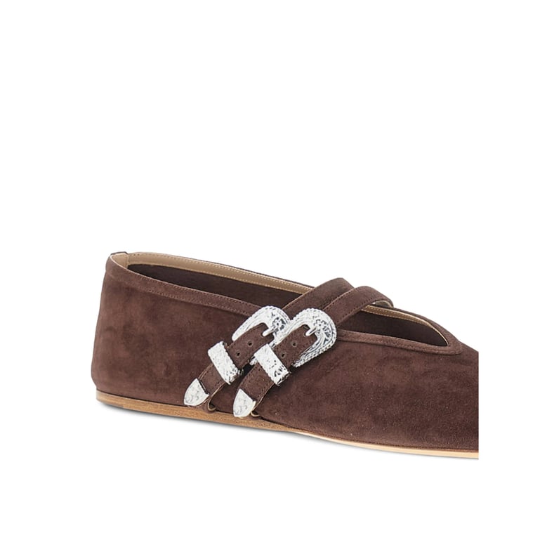 brown suede double buckle shoes by Selfnex