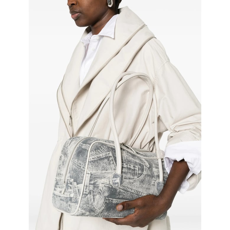 grey graphic print top handle bag by Selfnex
