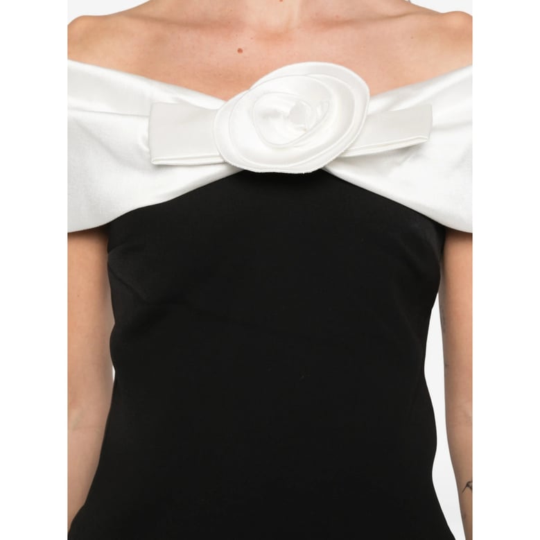 off-shoulder floral appliqué dress by Selfnex