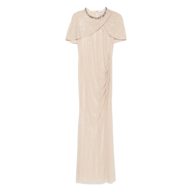 champagne embellished dress with draped detailing by Selfnex
