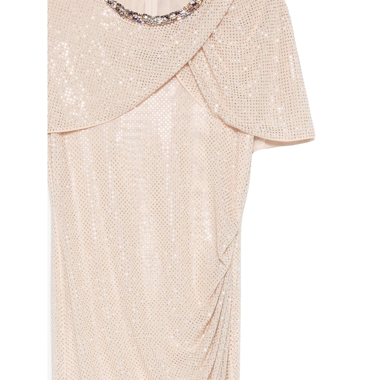 champagne embellished dress with draped detailing by Selfnex