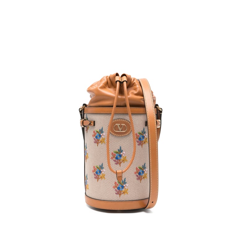 light brown floral embroidered bucket bag by Selfnex