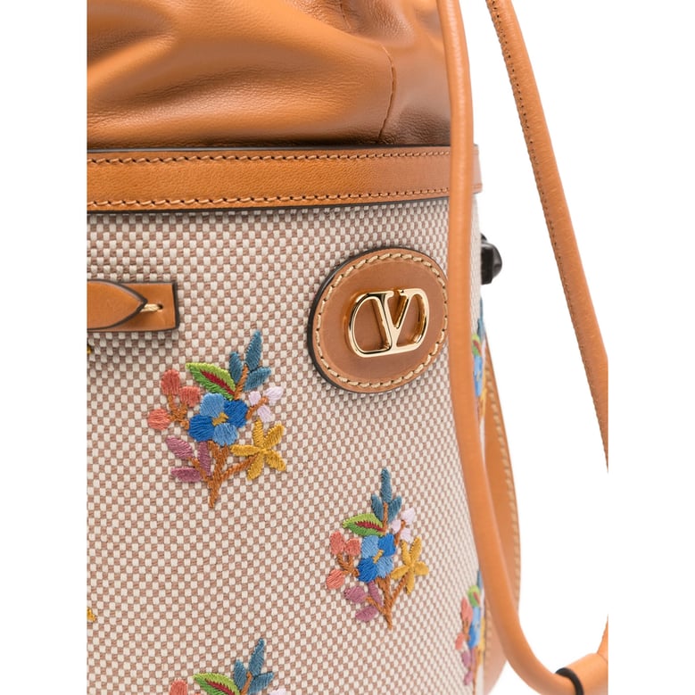 light brown floral embroidered bucket bag by Selfnex