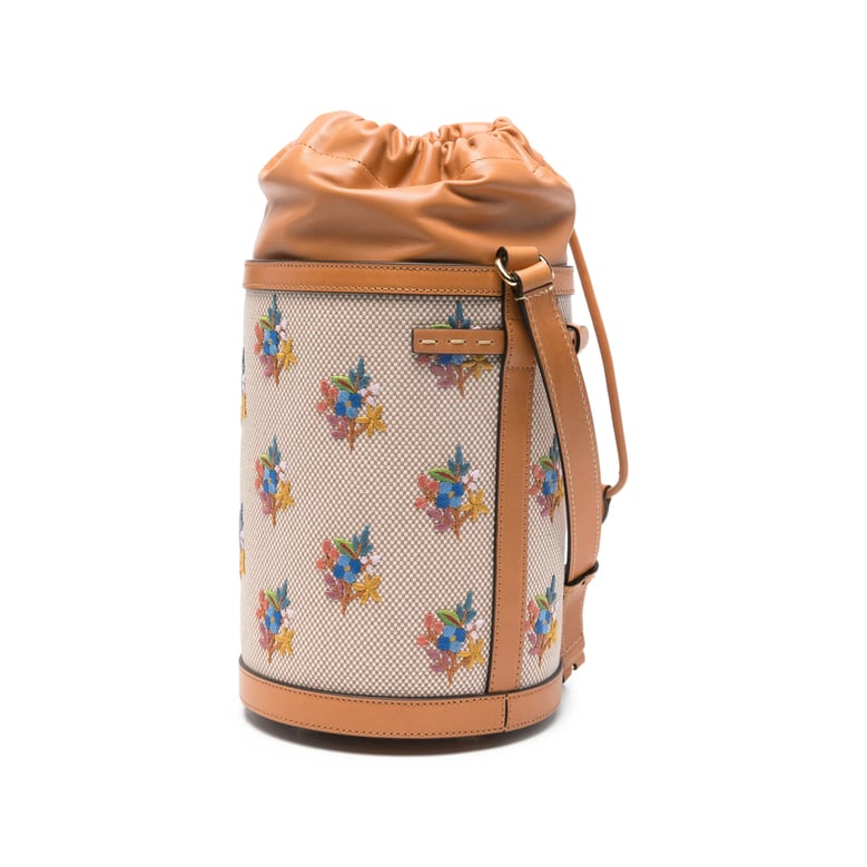 light brown floral embroidered bucket bag by Selfnex