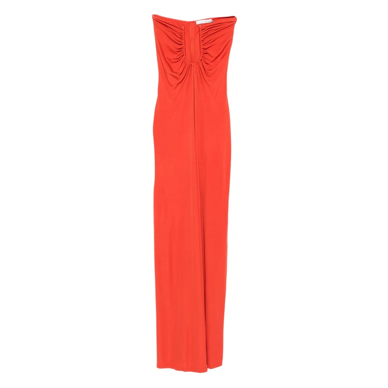 strapless orange dress with ruched bodice by Selfnex