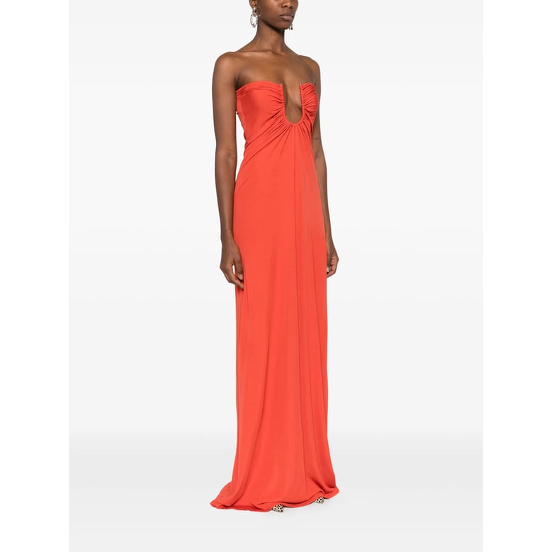 strapless orange dress with ruched bodice by Selfnex