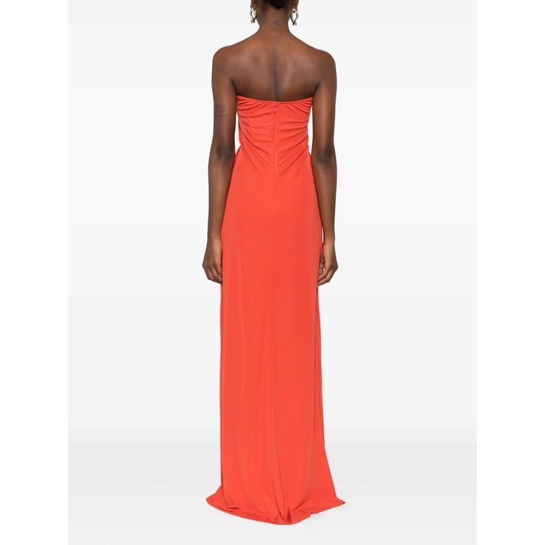 strapless orange dress with ruched bodice by Selfnex