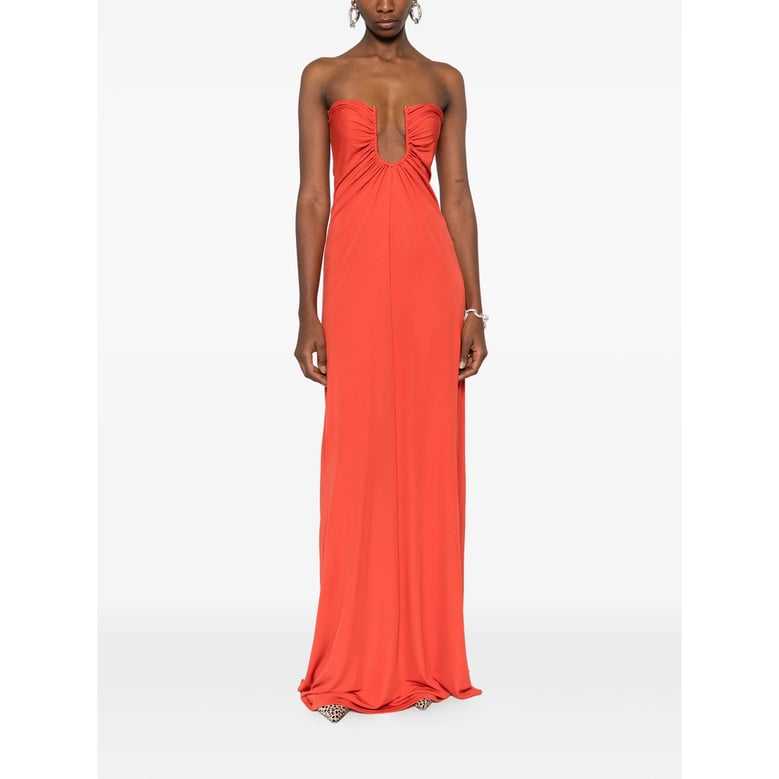 strapless orange dress with ruched bodice by Selfnex