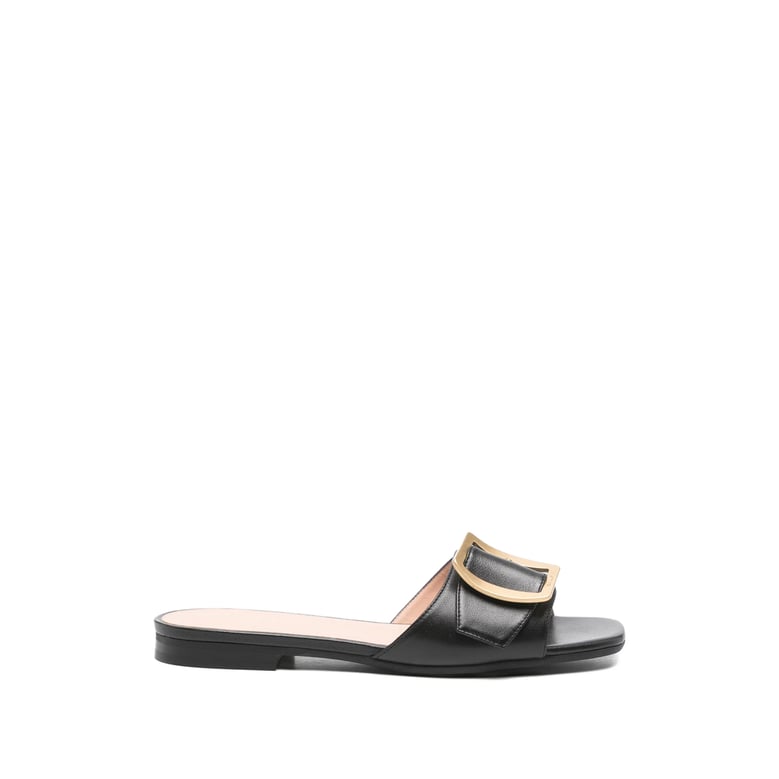 black open toe flats with gold-tone hardware by Selfnex
