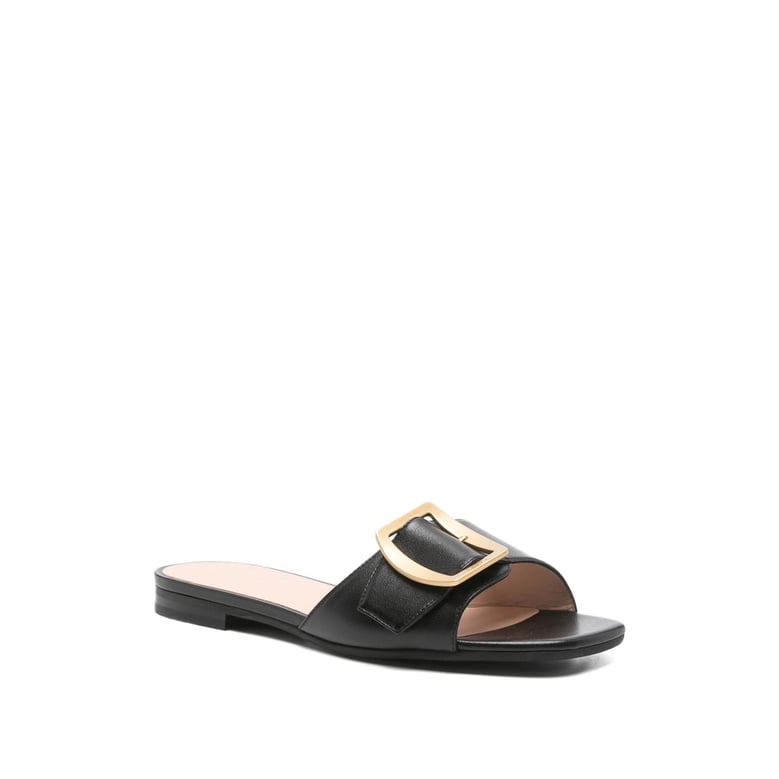 black open toe flats with gold-tone hardware by Selfnex