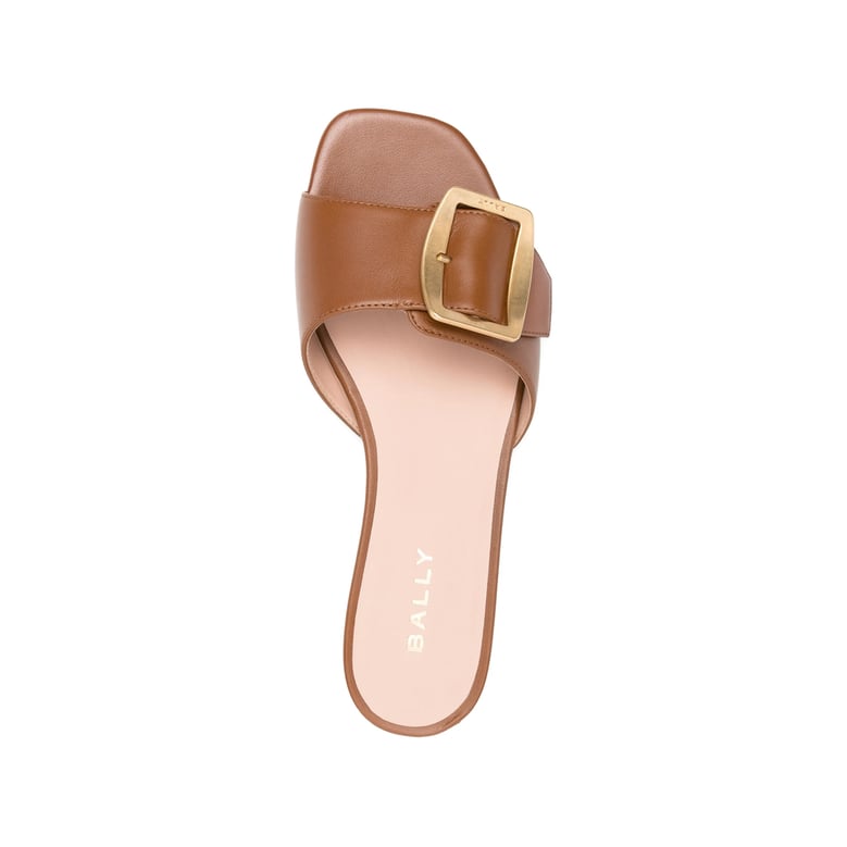 brown open toe shoes with buckle detail by Selfnex