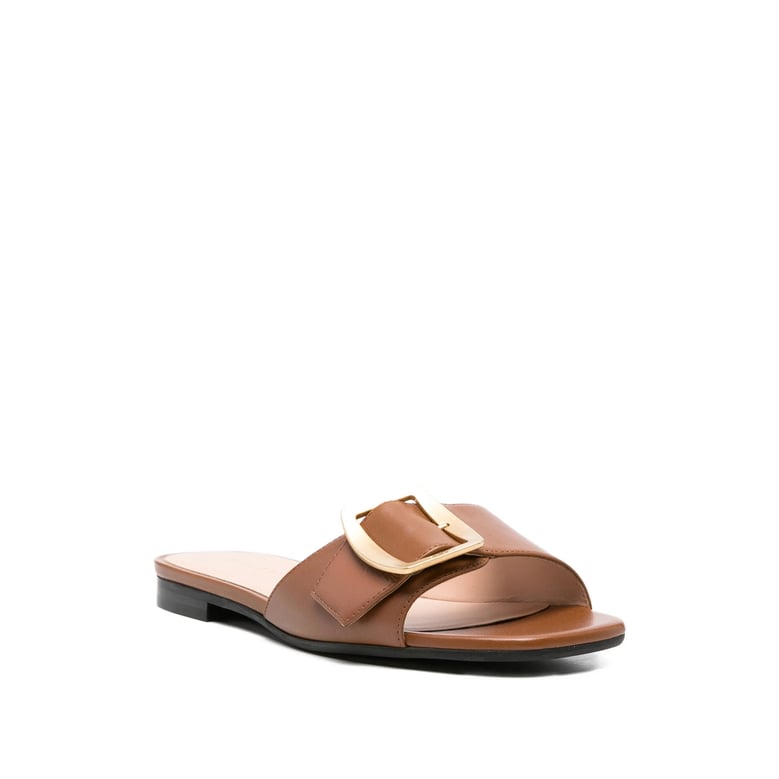 brown open toe shoes with buckle detail by Selfnex