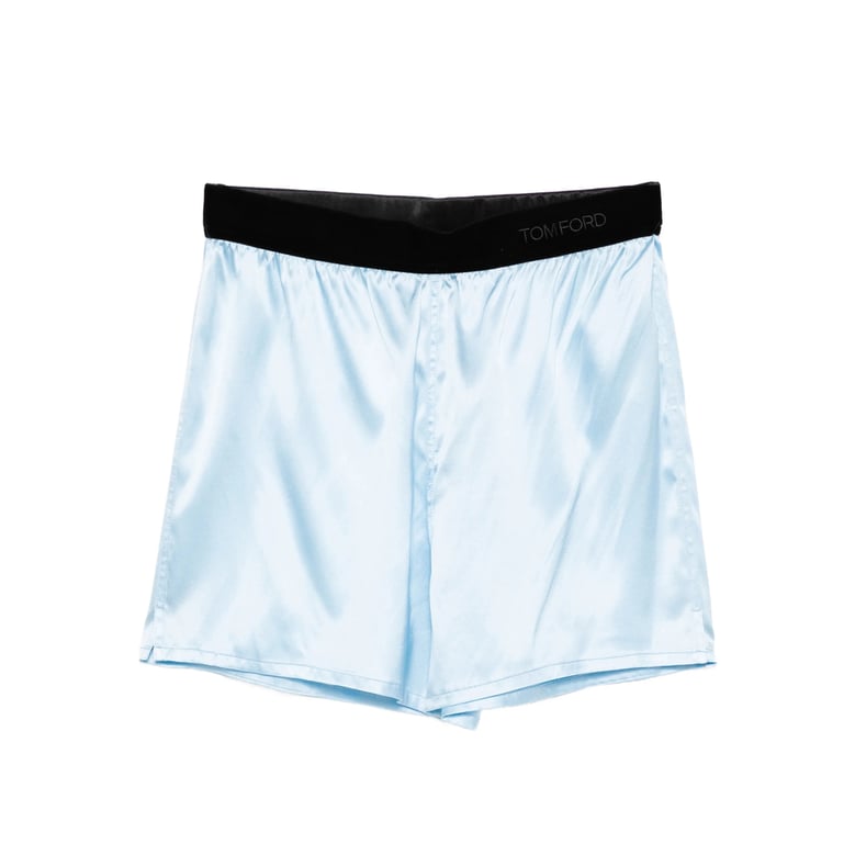 sky blue shorts with logo waistband by Selfnex