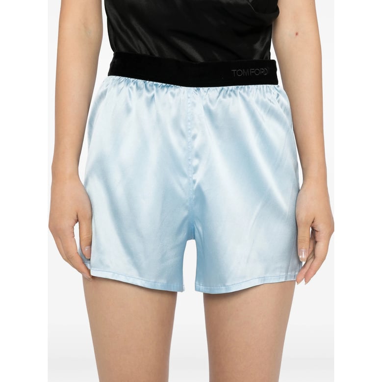 sky blue shorts with logo waistband by Selfnex