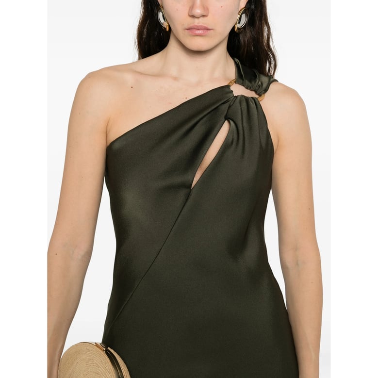 olive green one-shoulder dress with ring detail by Selfnex