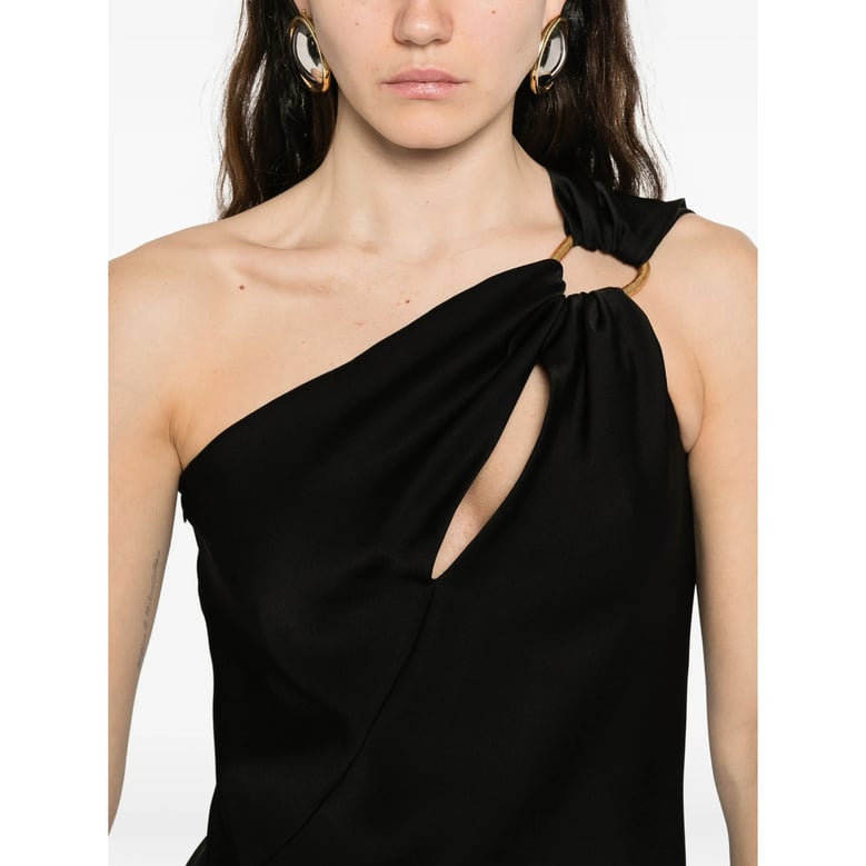 one-shoulder black dress with asymmetric hem by Selfnex