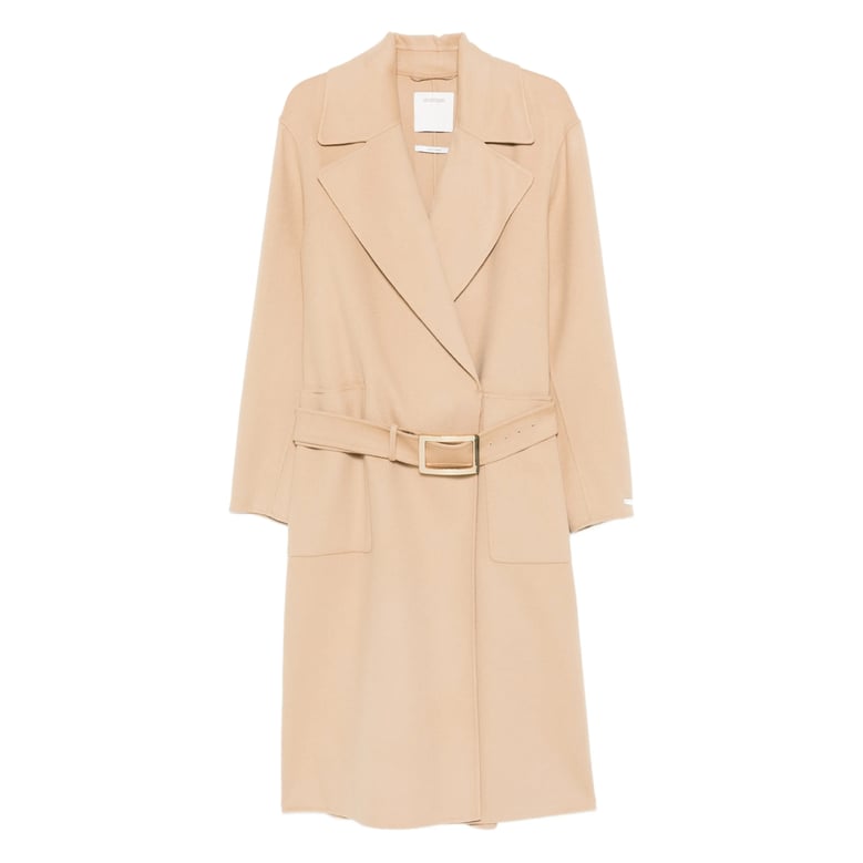 light brown belted coat with notched lapels by Selfnex