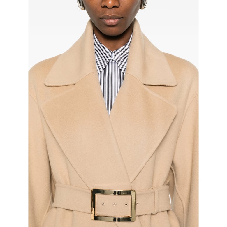 light brown belted coat with notched lapels by Selfnex