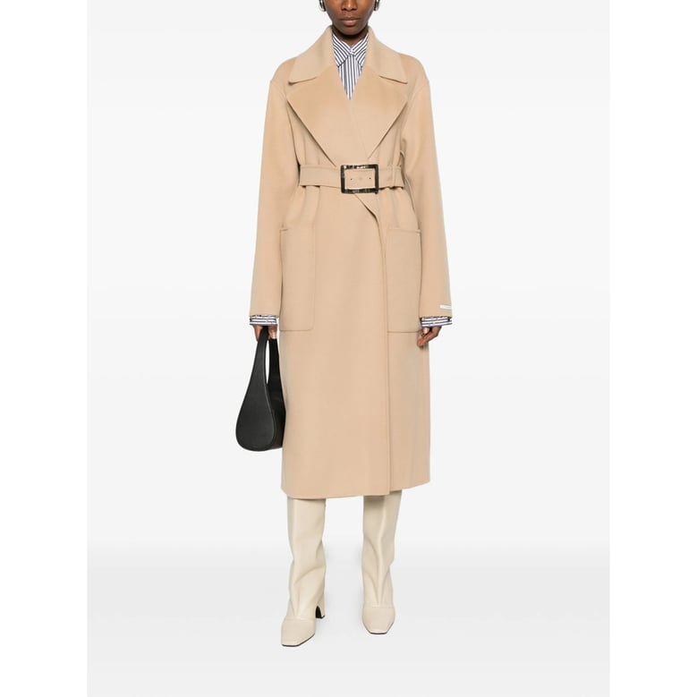 light brown belted coat with notched lapels by Selfnex