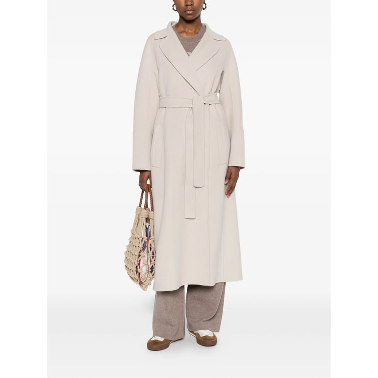 belted beige coat with notched lapels by Selfnex