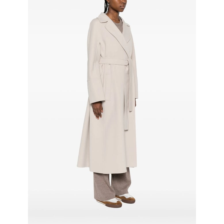 belted beige coat with notched lapels by Selfnex