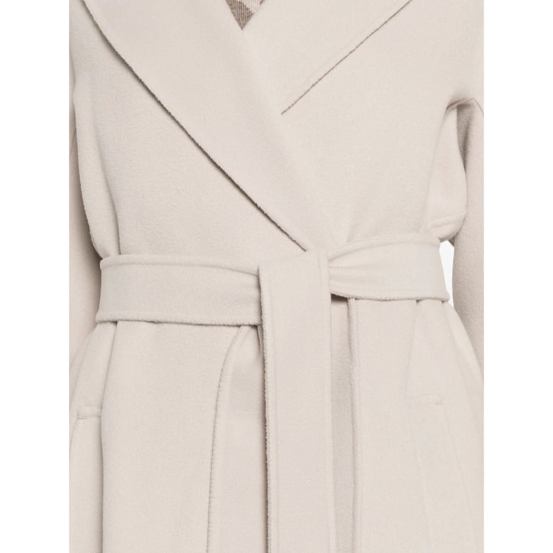 belted beige coat with notched lapels by Selfnex