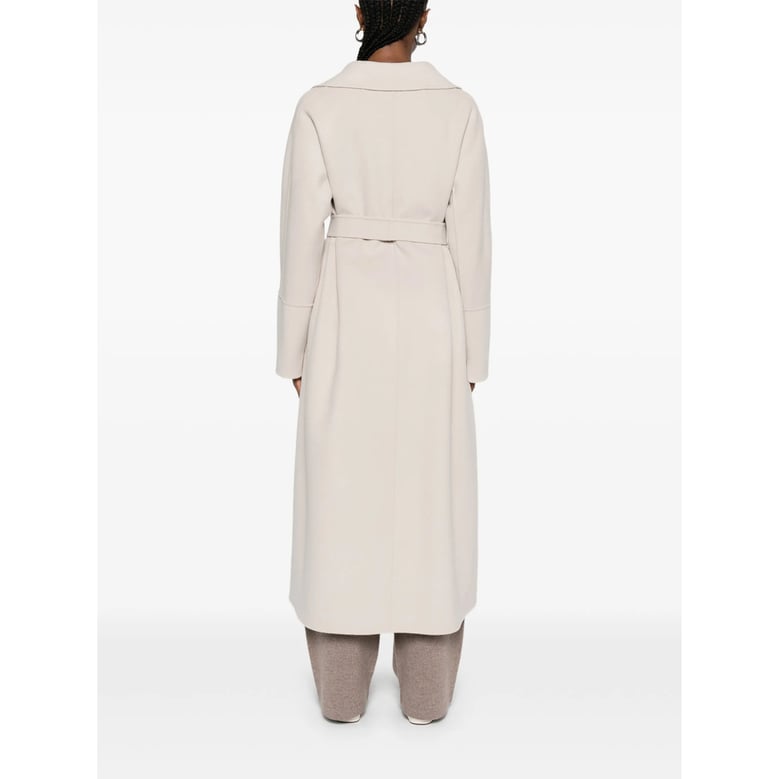belted beige coat with notched lapels by Selfnex