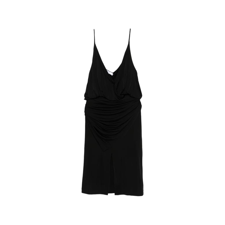 black v-neck gathered detail dress by Selfnex