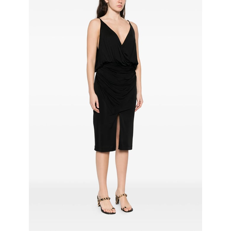 black v-neck gathered detail dress by Selfnex