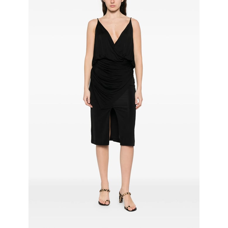 black v-neck gathered detail dress by Selfnex
