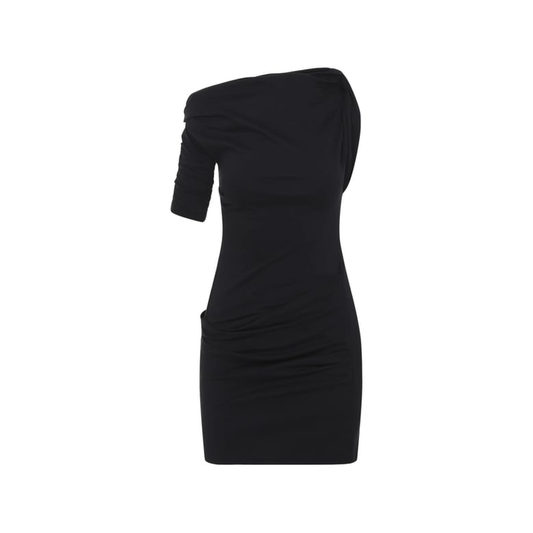 one-shoulder ruched black dress by Selfnex