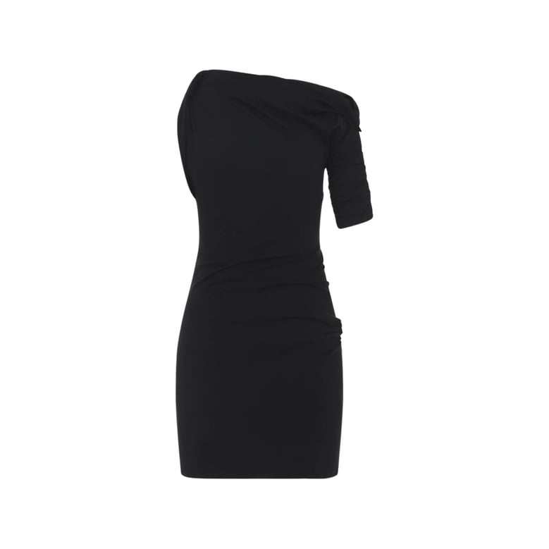 one-shoulder ruched black dress by Selfnex