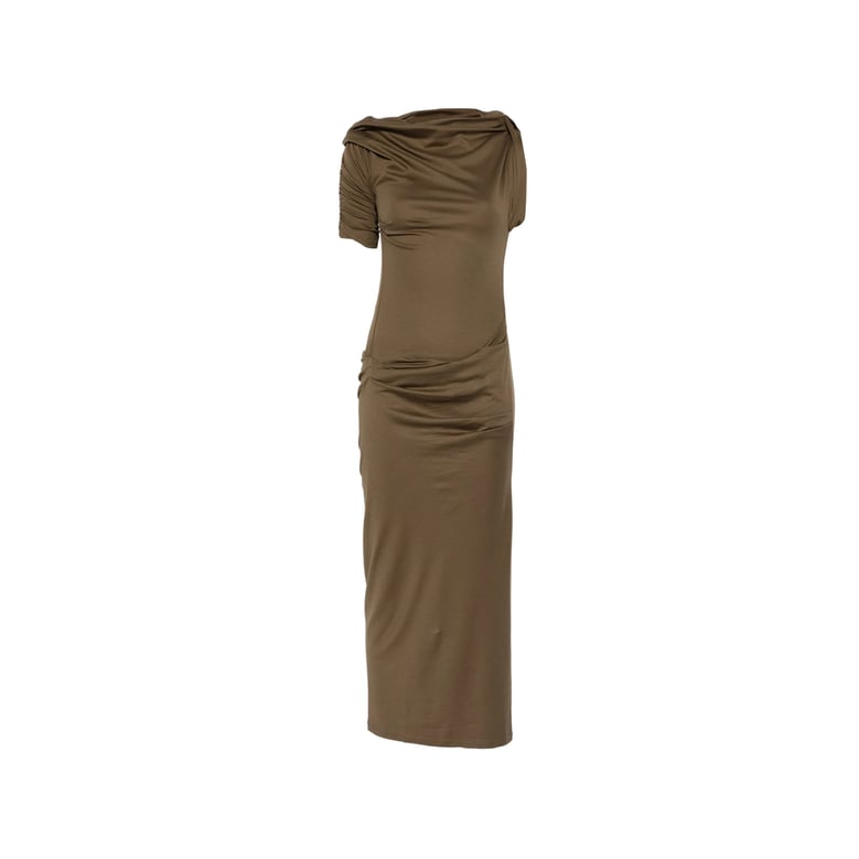 draped green short sleeve dress by Selfnex