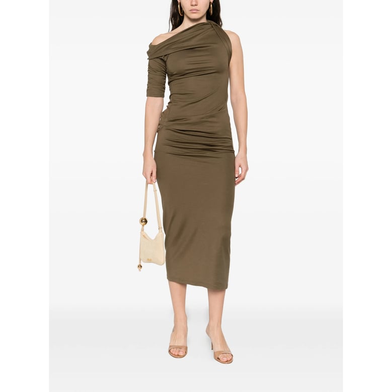 draped green short sleeve dress by Selfnex