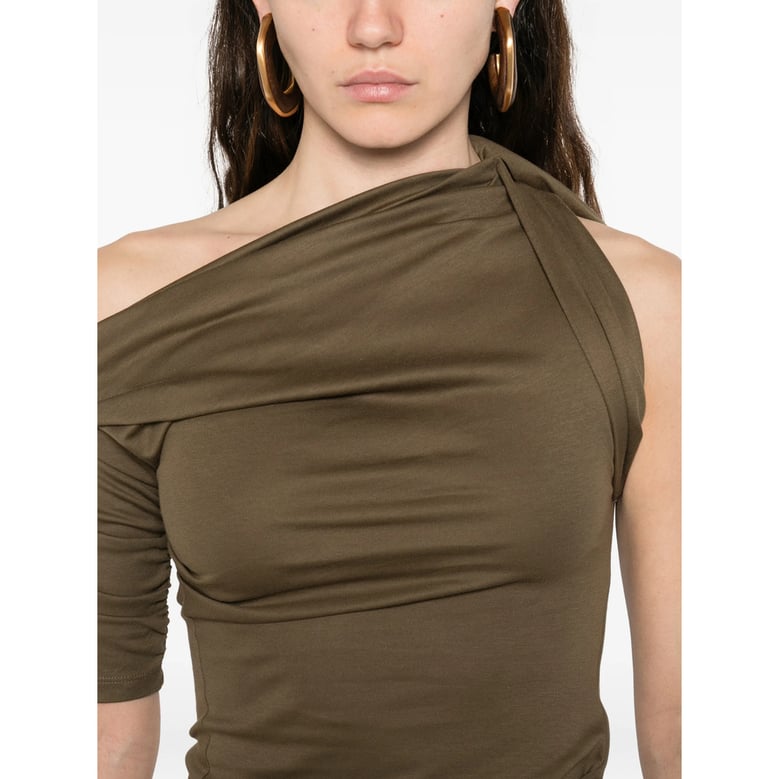 draped green short sleeve dress by Selfnex