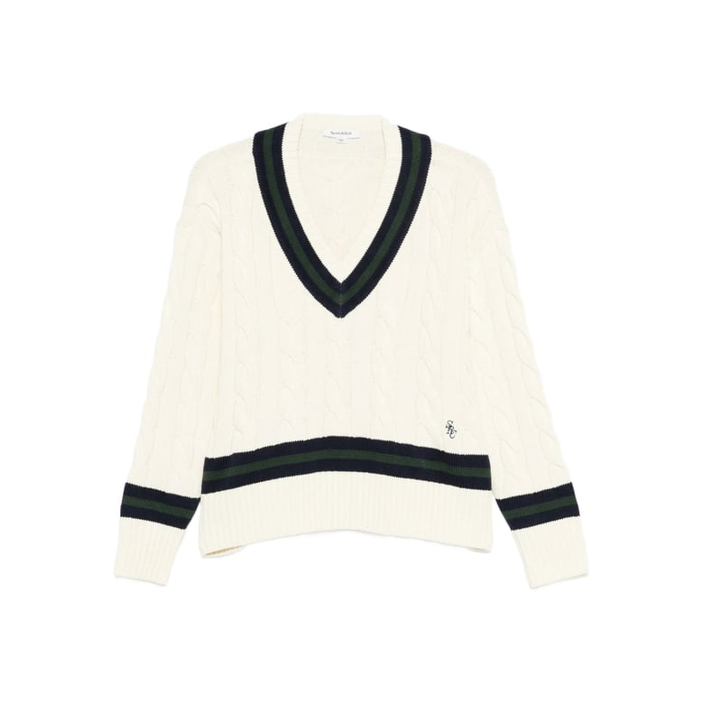 cable knit v-neck sweater with logo by Selfnex