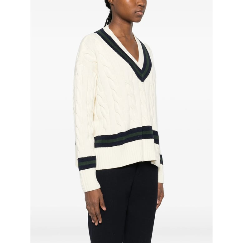 cable knit v-neck sweater with logo by Selfnex