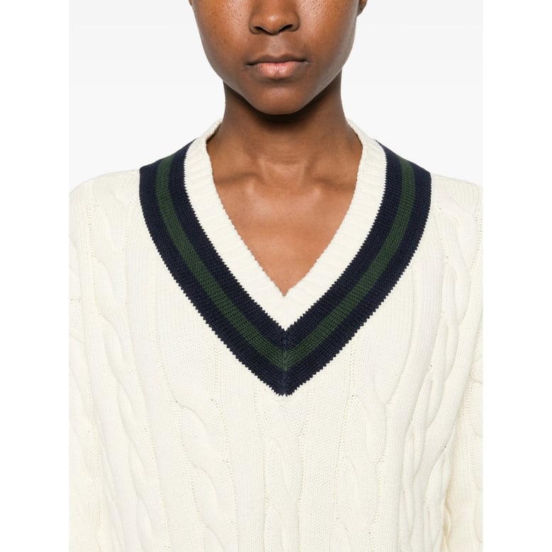 cable knit v-neck sweater with logo by Selfnex