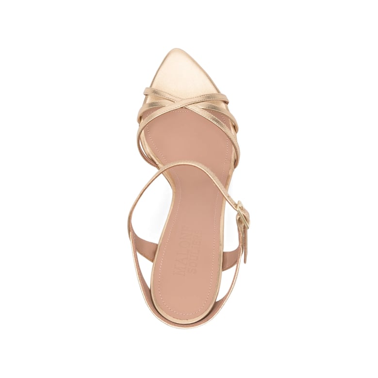 gold-tone strappy open toe stiletto heels by Selfnex