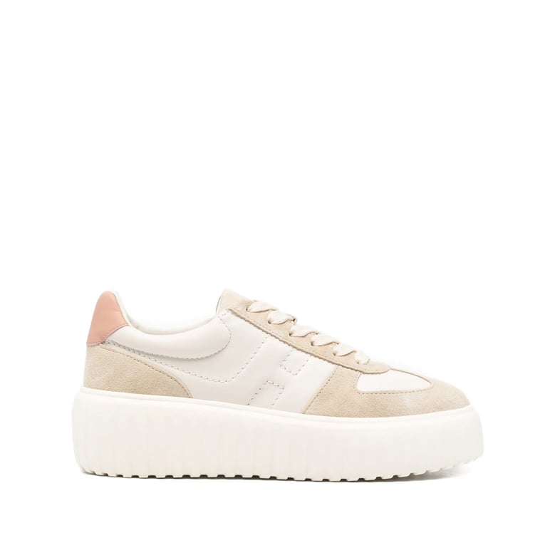 light cream platform sneakers with logo detail by Selfnex