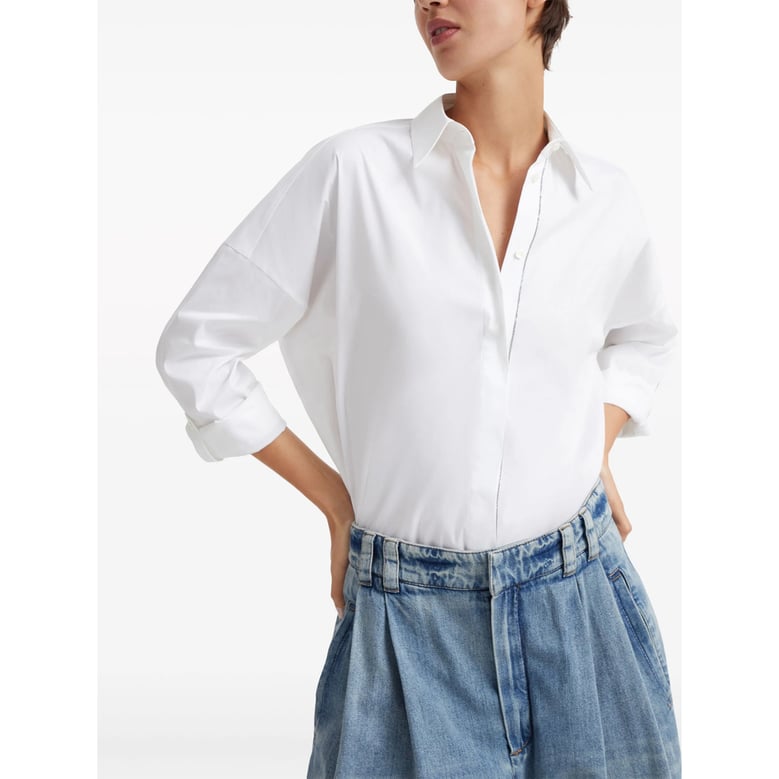 white cotton blend shirt with bead embellishment by Selfnex