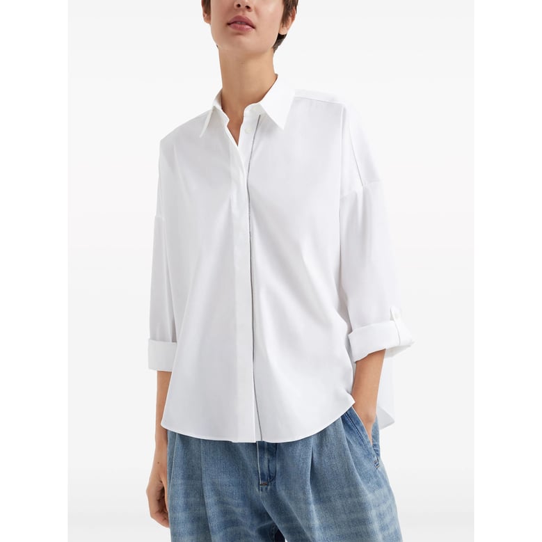 white cotton blend shirt with bead embellishment by Selfnex