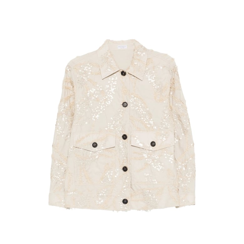 light beige sequin embellished outerwear by Selfnex