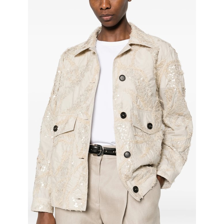 light beige sequin embellished outerwear by Selfnex