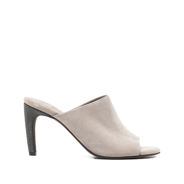 grey peep toe open back shoes by Selfnex