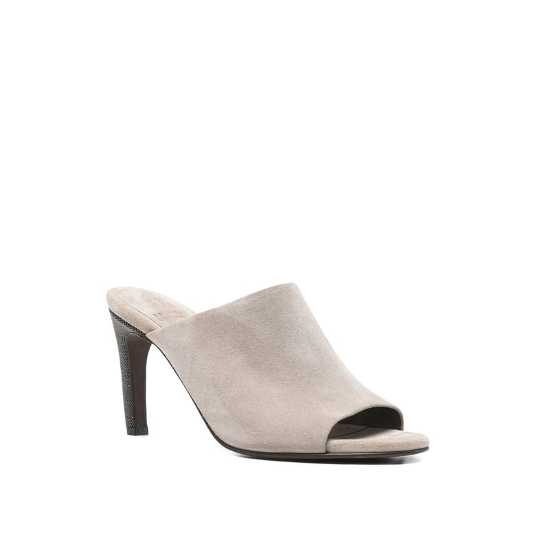 grey peep toe open back shoes by Selfnex